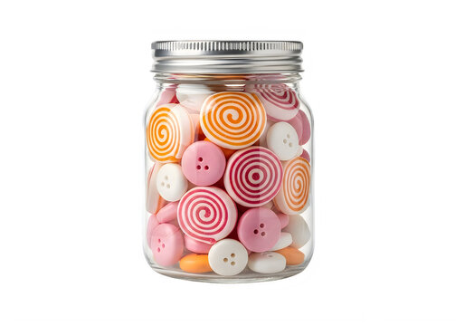 Assorted colorful candies stored inside a transparent glass jar isolated on transparent background