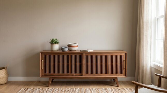 Wooden sideboard with slatted doors and decorative bowls on top, positioned against a neutral wall in a modern living room setting with natural light