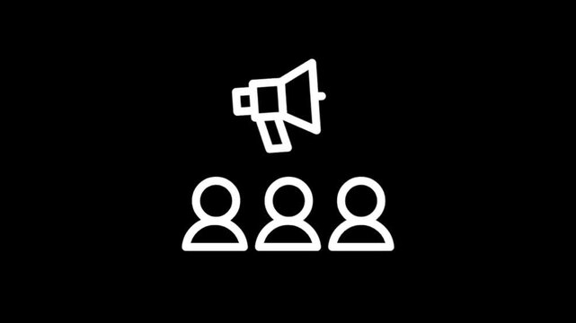 Animated icons of a megaphone and people representing communication and community engagement