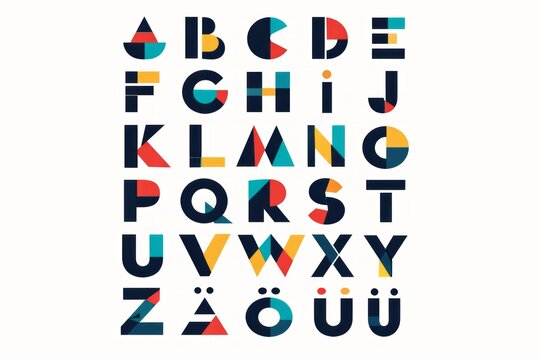 Creative alphabet design made with colorful shapes and patterns on a white background