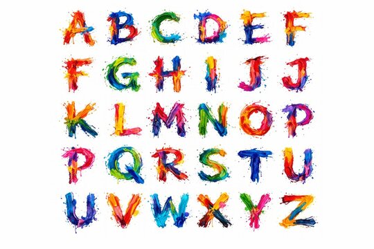 Colorful letters created with paint on a white background arranged in a grid pattern