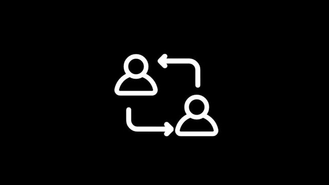 Animated icons show people interacting and exchanging information with arrows