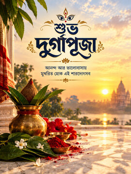 Happy Durga Puja festival greeting card background with holy mangal ghat kalash at river sunrise