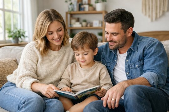 Family reading together on a couch in a cozy living room during the day