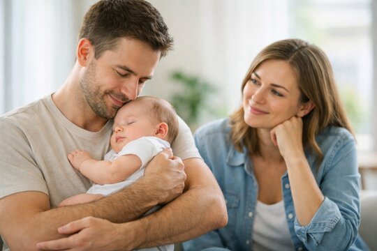Parents enjoying time with their sleeping baby in a cozy home setting