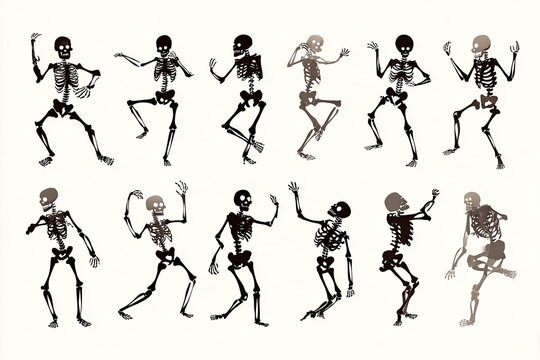 Skeletons dancing with different positions Funny dancing Halloween or Day of the dead skeletons collection. Creepy, scary human bones characters silhouettes.