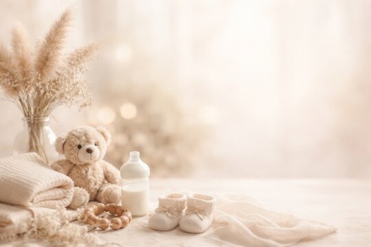 Baby items on a soft table with a bottle, teddy bear, and shoes in a cozy setting
