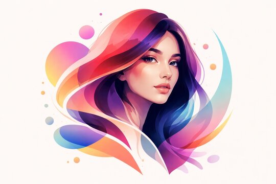 Colorful portrait of a woman with long hair and bright abstract elements around her