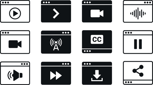 Web video player and media control window icon set UI UX