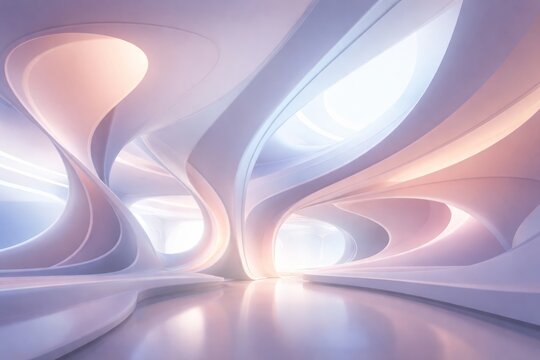 Light and soft shapes flow in an abstract interior space with gentle colors and smooth curves