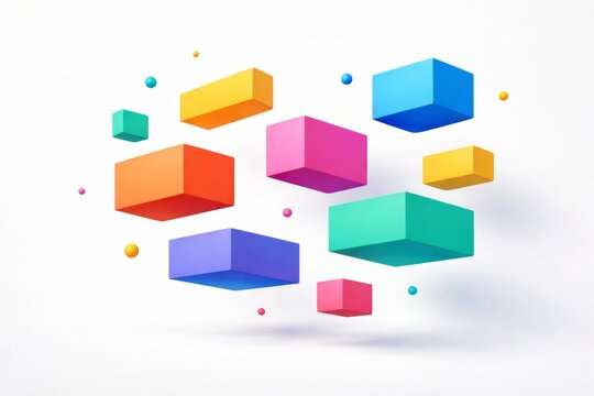Colorful geometric shapes floating in a white background with added small spheres nearby