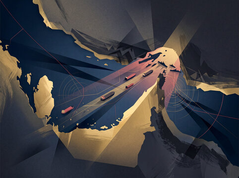 Editorial conceptual illustration showing cargo ships and naval warships navigating a strategic geopolitical maritime strait