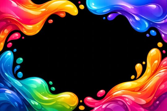 Colorful liquid shapes fill the edges of a black background creating an artistic frame for designs or texts