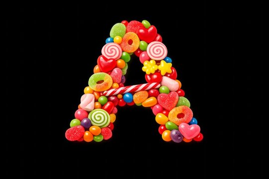 Candy arranged in the shape of the letter A on a black background