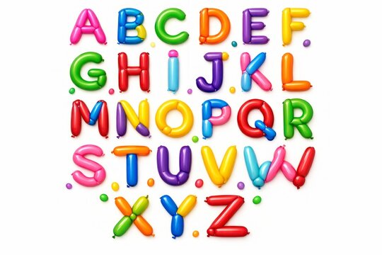Colorful balloon letters arranged in a grid showing the alphabet from A to Z