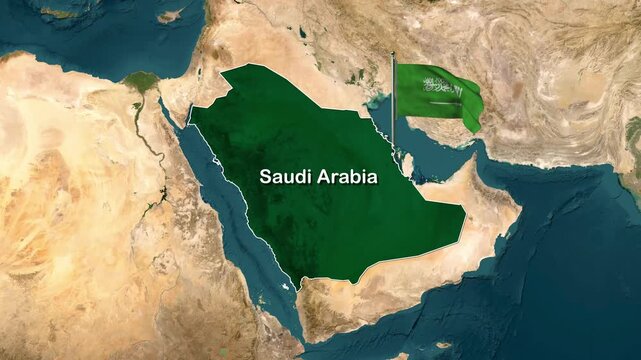 Saudi Arabia Map Zoom Animation Highlighting Riyadh with Waving Flag