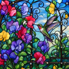 Obraz premium Stained Glass Trellis Of Sweet Peas With A Hummingbird