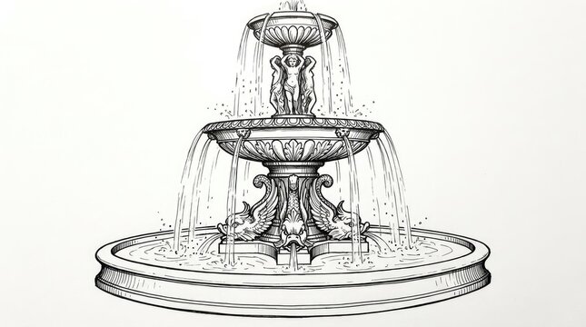 Classical stone garden fountain architectural sketch.