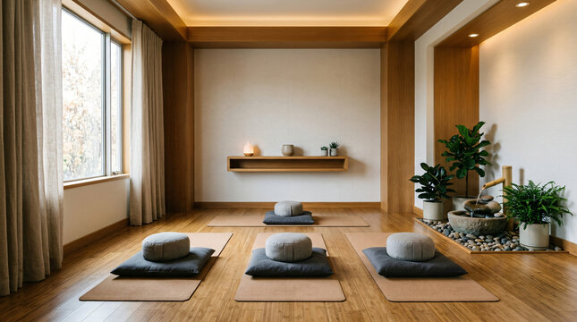 Modern meditation room interior design | Corporate wellness and mindfulness space | Zen yoga studio with natural wood decor | Peaceful office relaxation room with water fountain | Minimalist sanctuary