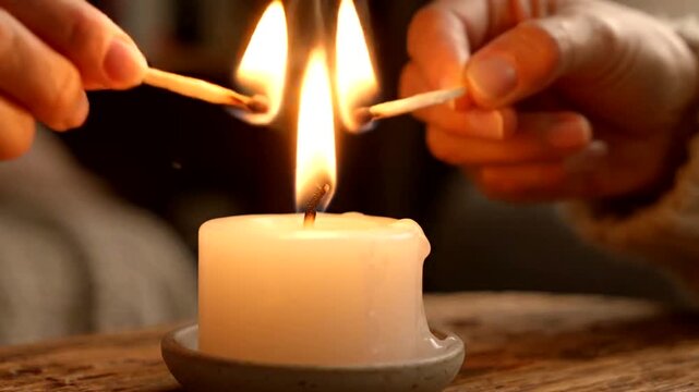 Two hands lighting white scented candle with wooden matches in cozy rustic interior