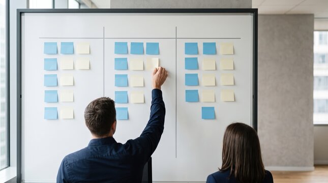 Team collaborating on a project using sticky notes on a whiteboard in a office setting
