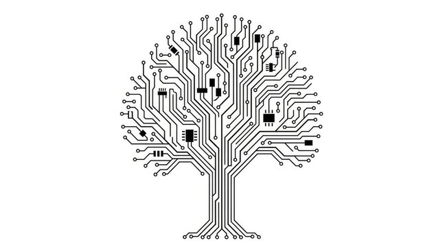 Digital technology tree concept with circuit board branches.