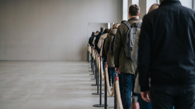 People waiting in line indoors with ropes