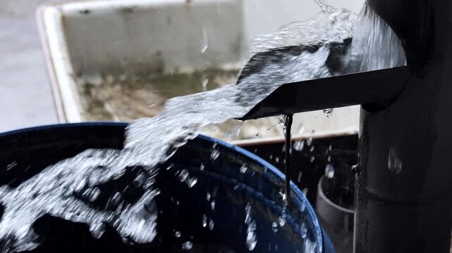 Auffangen von Regenwasser bei Gewitterregen von Regenrinne, Zeitlupe, Regenwasser, Trinkwasser, Wetter