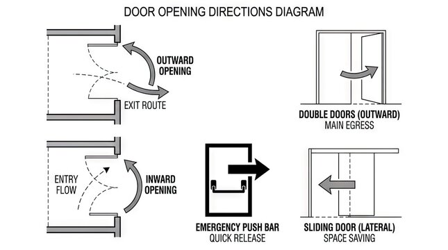 Emergency door opening direction technical diagrams.