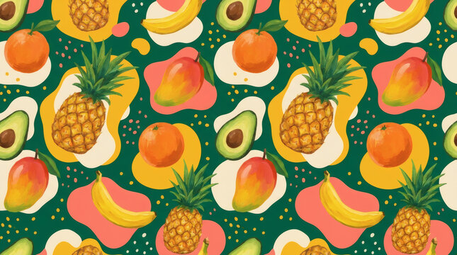 Seamless pattern of tropical fruits with pineapple, mango, banana, avocado and peach flat vector illustration on green background