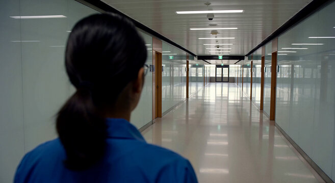 Woman walks down a sterile modern hallway