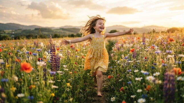 Young girl running through wild flower field at golden sunset