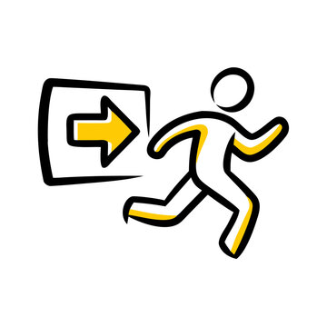 Stylized yellow and black emergency escape sign vector icon.