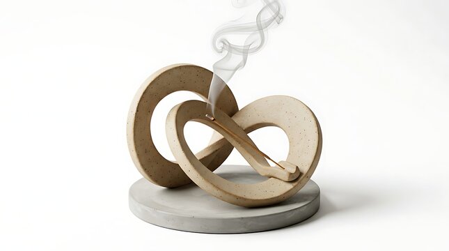 Ceramic incense holder with burning incense stick on a concrete base