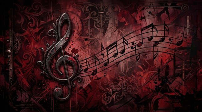 Ornate treble clef with musical notes on grunge background