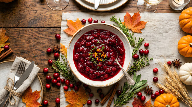Delicious cranberry sauce in a bowl with autumn decorations