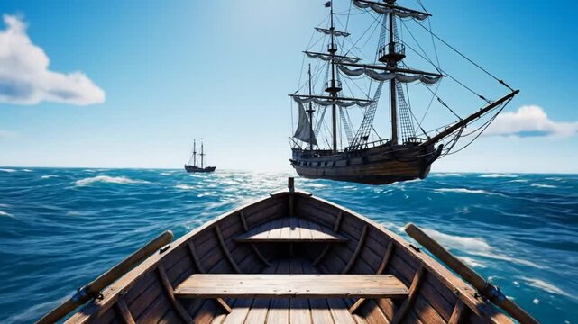 Low angle view from a rowboat with two majestic sailing ships cruising the sparkling ocean under a clear blue sky