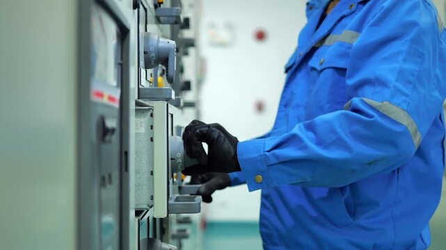 Electrical engineer inspecting and repairing power control equipment that supplies electricity to industrial machinery for safe and reliable operation.