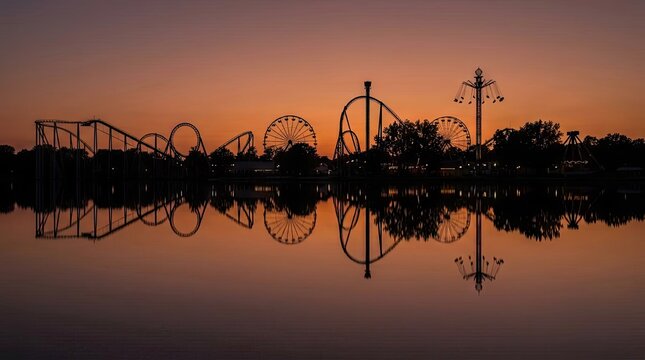 Sunset silhouette of amusement park reflected in water.