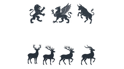 Obraz premium Majestic heraldic animal silhouettes featuring lion griffin bull and various deer species in flat vector design