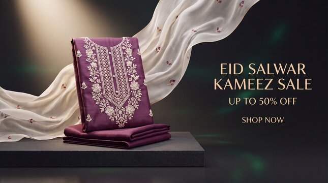 Elegant embroidered salwar kameez ensemble with flowing dupatta during dramatic studio lighting for festive fashion sales