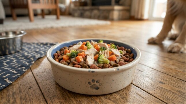Dog eating kibble and vegetables from ceramic bowl indoors