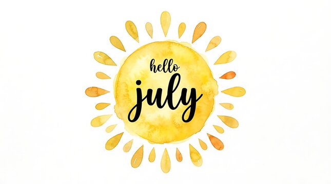 Hello july text greeting with a bright yellow watercolor sun illustration