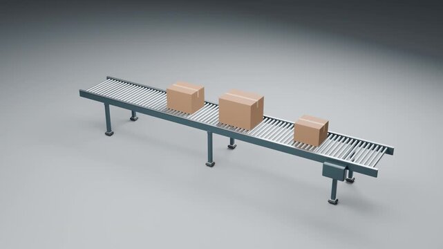 Cardboard shipping boxes moving along a roller conveyor with copy space for logistics and delivery concepts