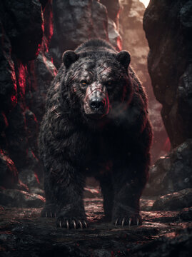 Grizzly bear walking through a rocky landscape at dusk with wildlife