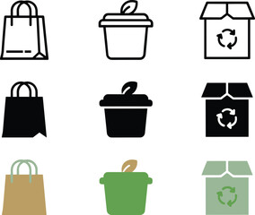 Obraz premium Eco Friendly Shopping Bag, Compostable Container and Recyclable Cardboard Box Icon Set