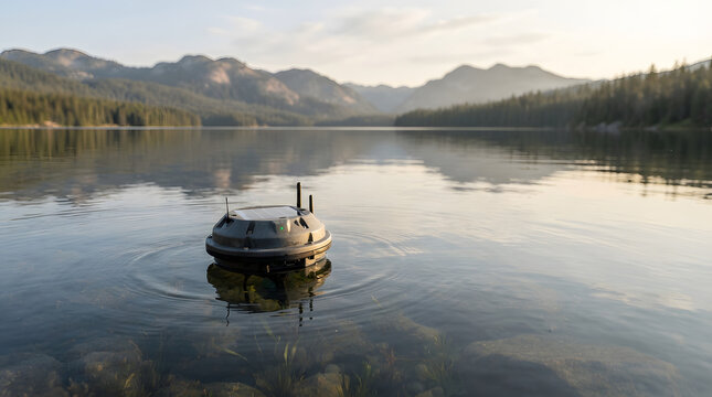 Autonomous research drone floating on a calm mountain lake at sunset