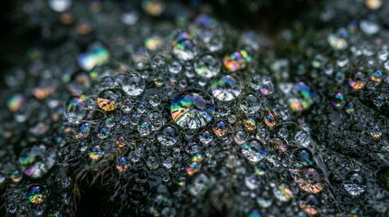 Obraz premium Water droplets reflecting iridescent colors on moss surface
