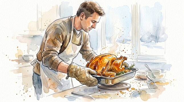 Man wearing apron and oven mitts placing roasted turkey on trivet in home kitchen, captured in a watercolor style illustration showing a festive meal preparation with steam rising from the bird.