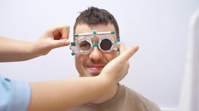 An ophthalmologist evaluates your vision and selects appropriate lenses for vision correction and prescription glasses. Vision testing.